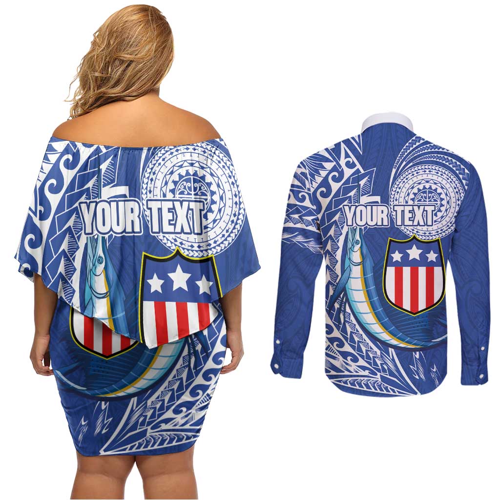 Personalised American Samoa Flag Day Couples Matching Off Shoulder Short Dress and Long Sleeve Button Shirt Fautasi Race Fagatogo-Iseula O Le Moana Sailfish Tribal Style LT03 - Polynesian Pride
