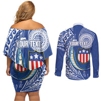 Personalised American Samoa Flag Day Couples Matching Off Shoulder Short Dress and Long Sleeve Button Shirt Fautasi Race Fagatogo-Iseula O Le Moana Sailfish Tribal Style LT03 - Polynesian Pride