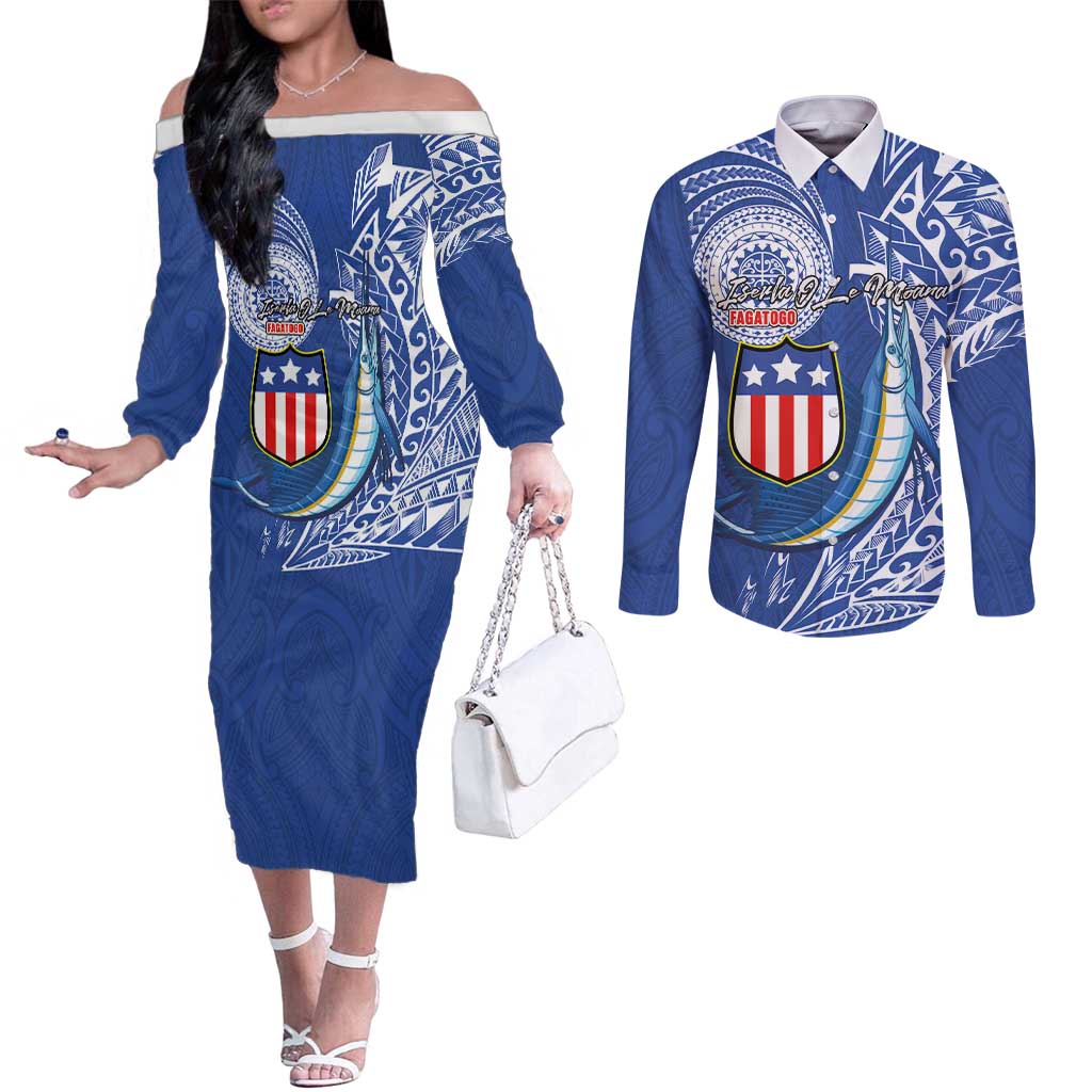 Personalised American Samoa Flag Day Couples Matching Off The Shoulder Long Sleeve Dress and Long Sleeve Button Shirt Fautasi Race Fagatogo-Iseula O Le Moana Sailfish Tribal Style LT03 Multicolor - Polynesian Pride