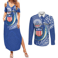 Personalised American Samoa Flag Day Couples Matching Summer Maxi Dress and Long Sleeve Button Shirt Fautasi Race Fagatogo-Iseula O Le Moana Sailfish Tribal Style LT03 Multicolor - Polynesian Pride
