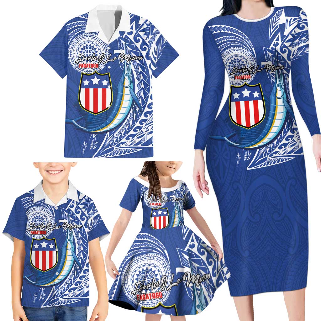 Personalised American Samoa Flag Day Family Matching Long Sleeve Bodycon Dress and Hawaiian Shirt Fautasi Race Fagatogo-Iseula O Le Moana Sailfish Tribal Style