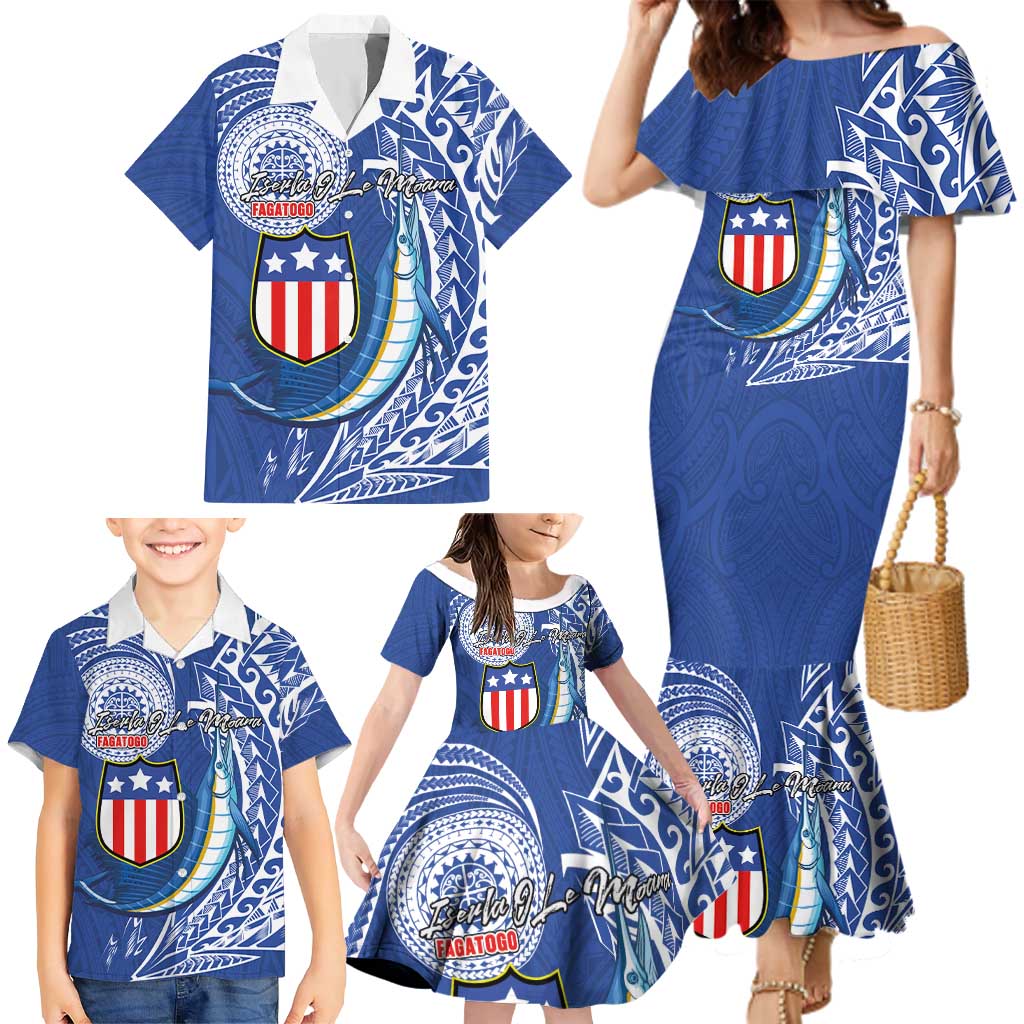 Personalised American Samoa Flag Day Family Matching Mermaid Dress and Hawaiian Shirt Fautasi Race Fagatogo-Iseula O Le Moana Sailfish Tribal Style
