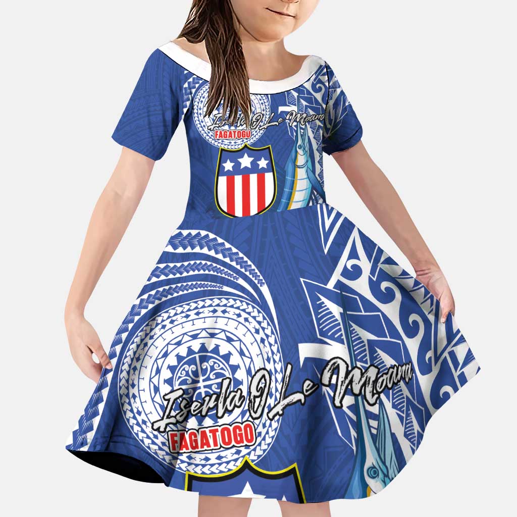 Personalised American Samoa Flag Day Family Matching Off The Shoulder Long Sleeve Dress and Hawaiian Shirt Fautasi Race Fagatogo-Iseula O Le Moana Sailfish Tribal Style LT03 Daughter's Dress Multicolor - Polynesian Pride