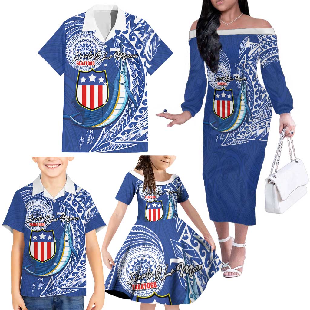 Personalised American Samoa Flag Day Family Matching Off The Shoulder Long Sleeve Dress and Hawaiian Shirt Fautasi Race Fagatogo-Iseula O Le Moana Sailfish Tribal Style LT03 - Polynesian Pride