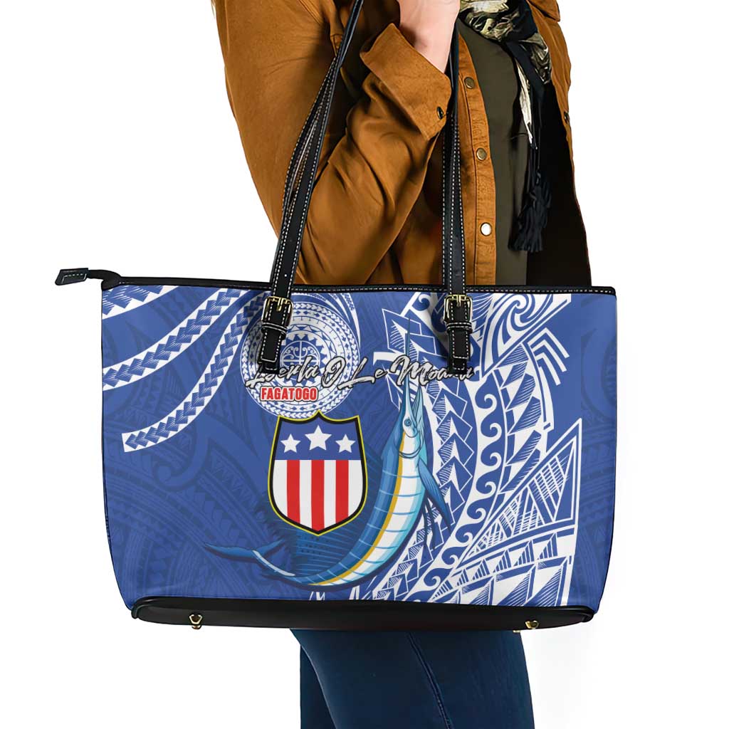 American Samoa Flag Day Leather Tote Bag Fautasi Race Fagatogo-Iseula O Le Moana Sailfish Tribal Style LT03 - Polynesian Pride