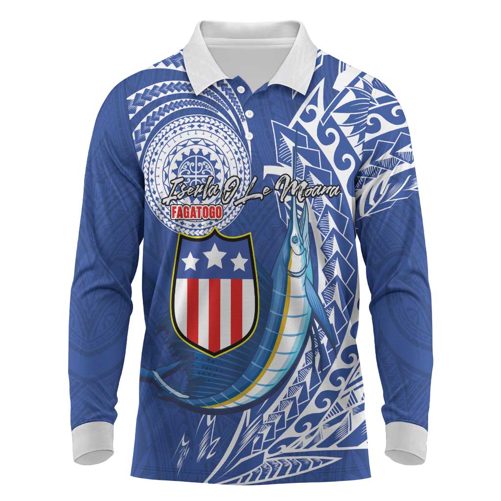 Personalised American Samoa Flag Day Long Sleeve Polo Shirt Fautasi Race Fagatogo-Iseula O Le Moana Sailfish Tribal Style