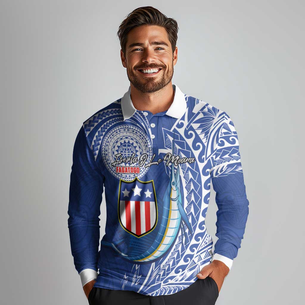 Personalised American Samoa Flag Day Long Sleeve Polo Shirt Fautasi Race Fagatogo-Iseula O Le Moana Sailfish Tribal Style LT03 - Polynesian Pride