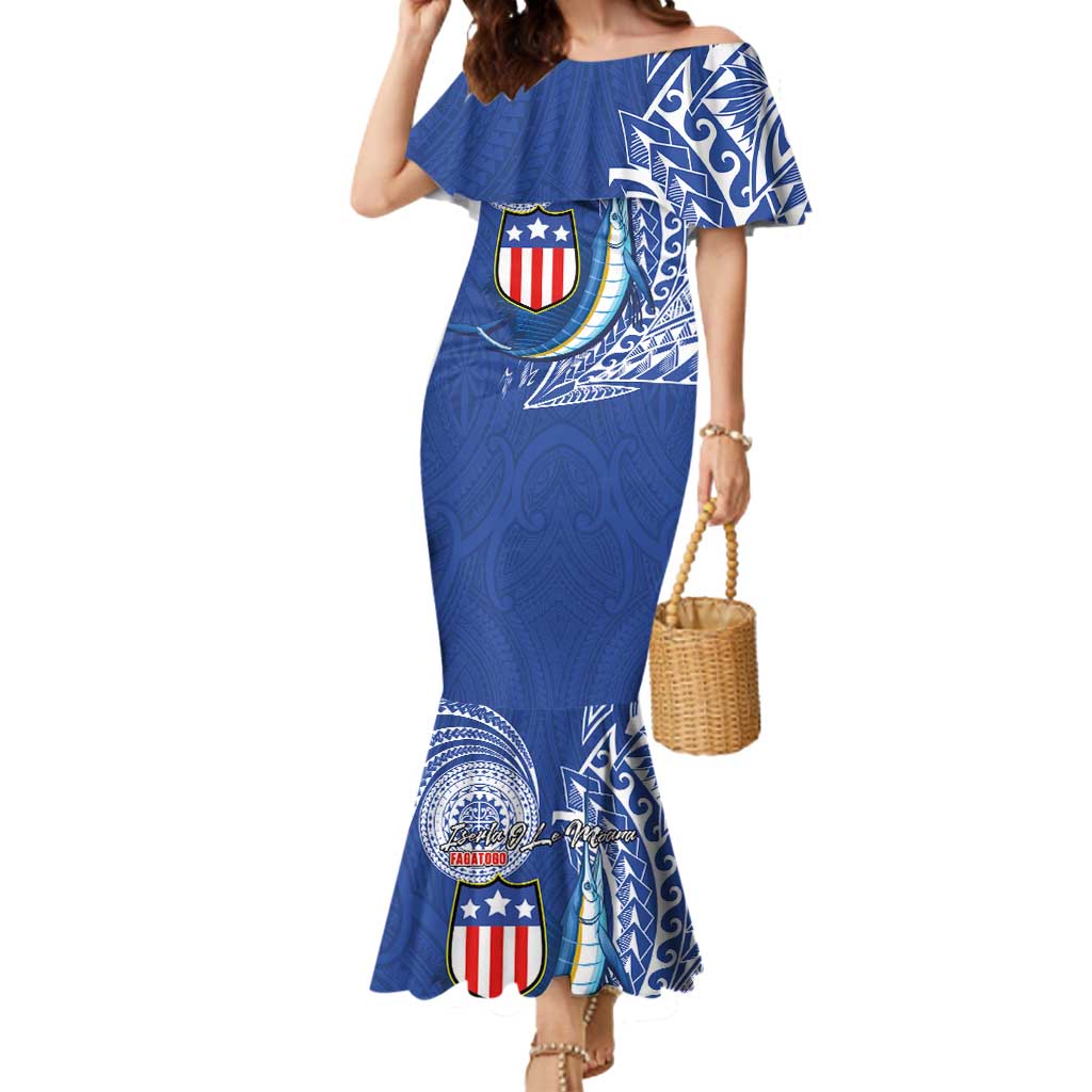Personalised American Samoa Flag Day Mermaid Dress Fautasi Race Fagatogo-Iseula O Le Moana Sailfish Tribal Style