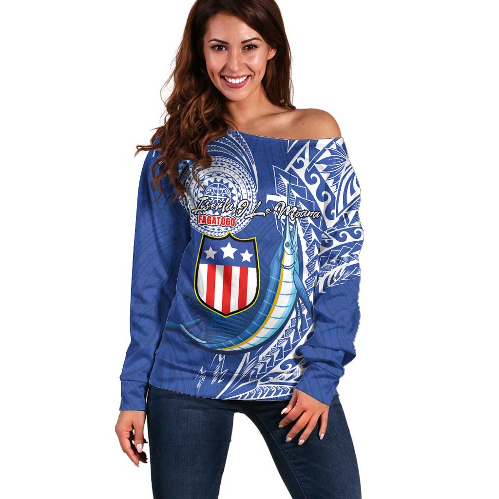 Personalised American Samoa Flag Day Off Shoulder Sweater Fautasi Race Fagatogo-Iseula O Le Moana Sailfish Tribal Style LT03 Women Multicolor - Polynesian Pride