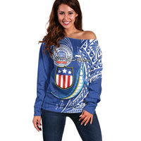 Personalised American Samoa Flag Day Off Shoulder Sweater Fautasi Race Fagatogo-Iseula O Le Moana Sailfish Tribal Style LT03 Women Multicolor - Polynesian Pride