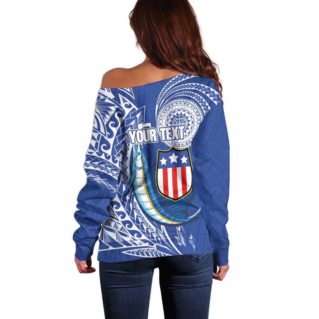 Personalised American Samoa Flag Day Off Shoulder Sweater Fautasi Race Fagatogo-Iseula O Le Moana Sailfish Tribal Style LT03 - Polynesian Pride