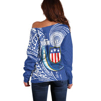 Personalised American Samoa Flag Day Off Shoulder Sweater Fautasi Race Fagatogo-Iseula O Le Moana Sailfish Tribal Style LT03 - Polynesian Pride