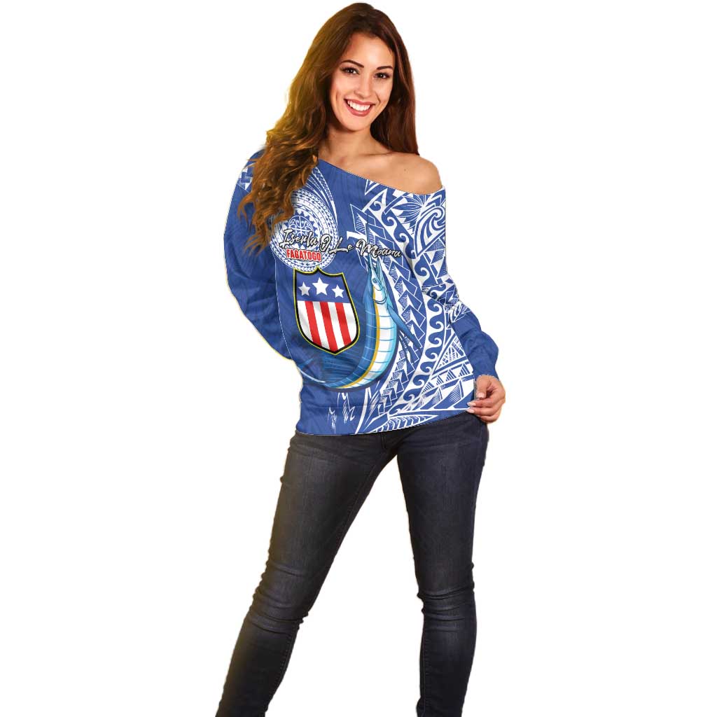 Personalised American Samoa Flag Day Off Shoulder Sweater Fautasi Race Fagatogo-Iseula O Le Moana Sailfish Tribal Style LT03 - Polynesian Pride