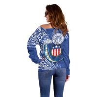 Personalised American Samoa Flag Day Off Shoulder Sweater Fautasi Race Fagatogo-Iseula O Le Moana Sailfish Tribal Style LT03 - Polynesian Pride