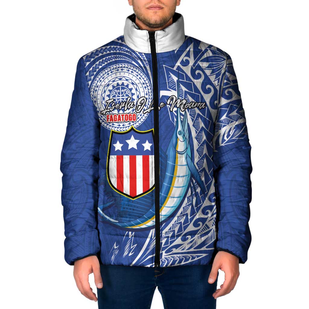 Personalised American Samoa Flag Day Padded Jacket Fautasi Race Fagatogo-Iseula O Le Moana Sailfish Tribal Style