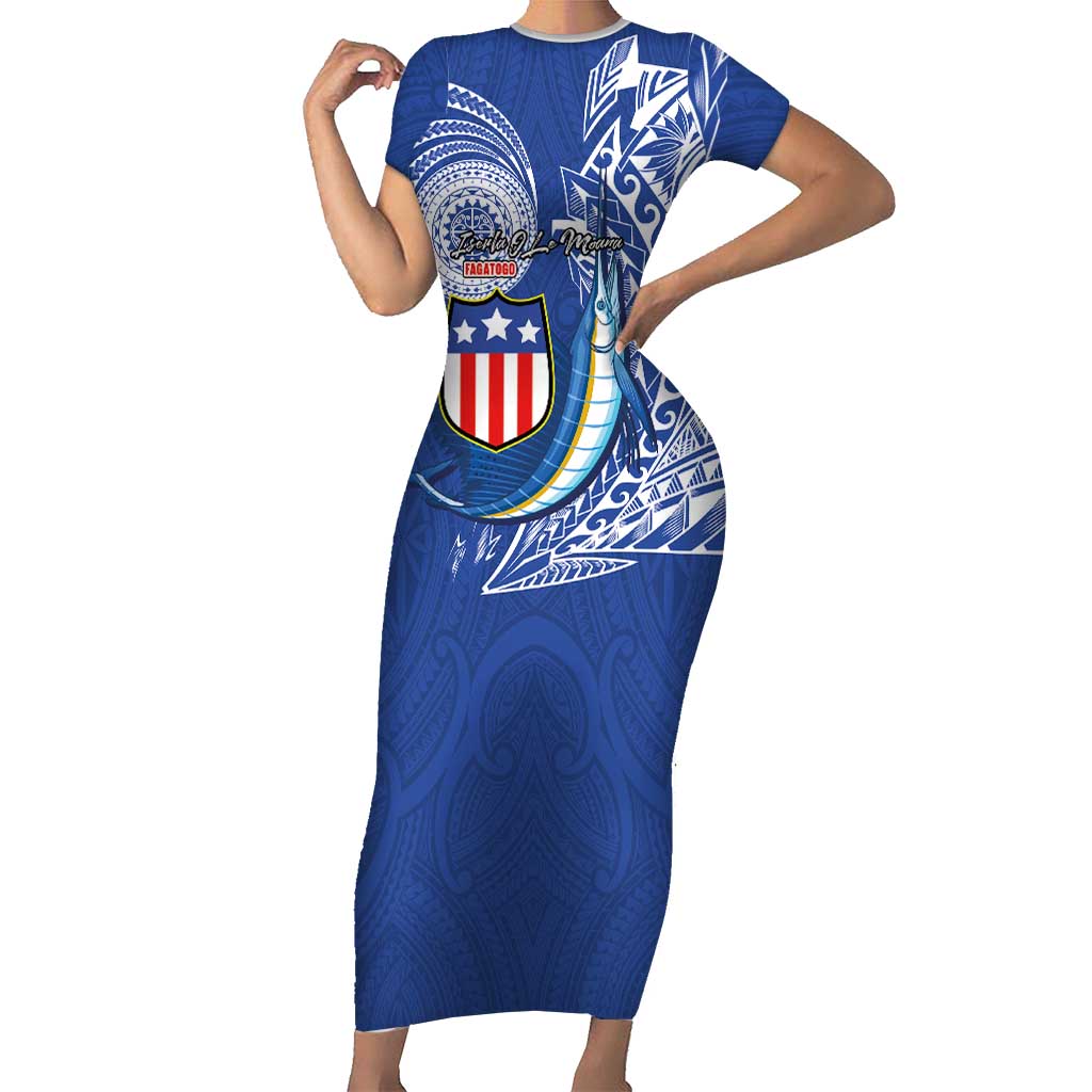 Personalised American Samoa Flag Day Short Sleeve Bodycon Dress Fautasi Race Fagatogo-Iseula O Le Moana Sailfish Tribal Style