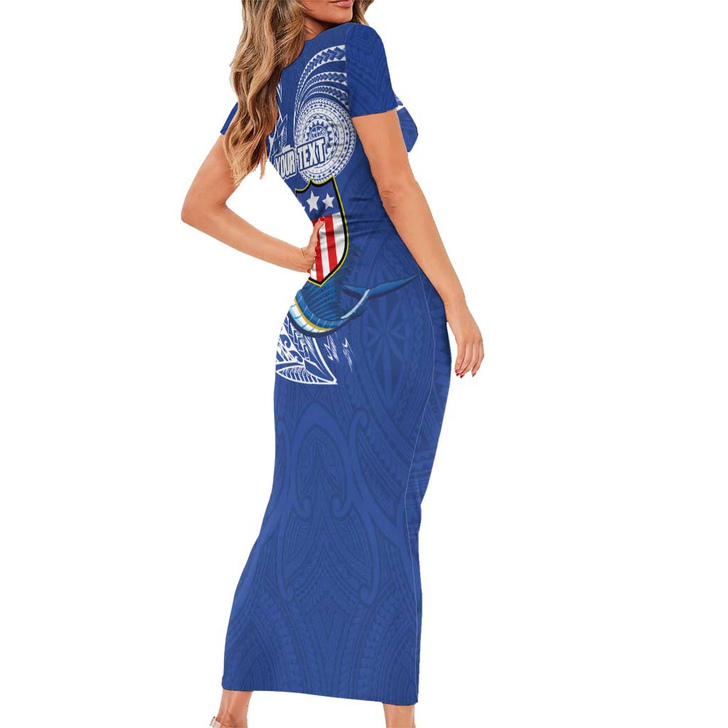 Personalised American Samoa Flag Day Short Sleeve Bodycon Dress Fautasi Race Fagatogo-Iseula O Le Moana Sailfish Tribal Style LT03 - Polynesian Pride