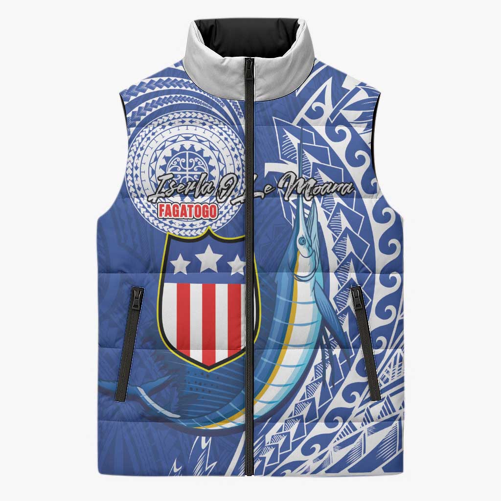 Personalised American Samoa Flag Day Sleeveless Puffer Jacket Fautasi Race Fagatogo-Iseula O Le Moana Sailfish Tribal Style