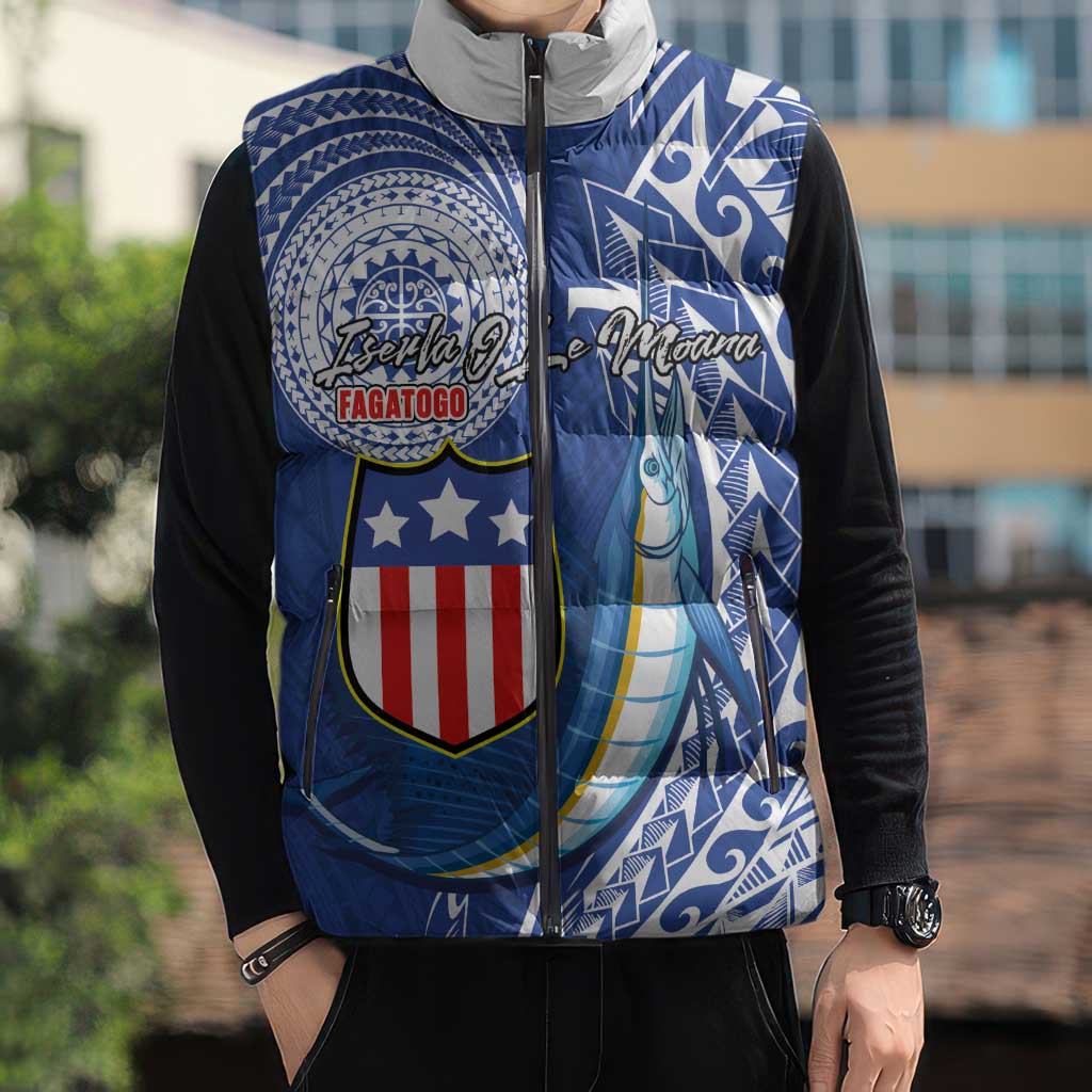 Personalised American Samoa Flag Day Sleeveless Puffer Jacket Fautasi Race Fagatogo-Iseula O Le Moana Sailfish Tribal Style LT03 - Polynesian Pride