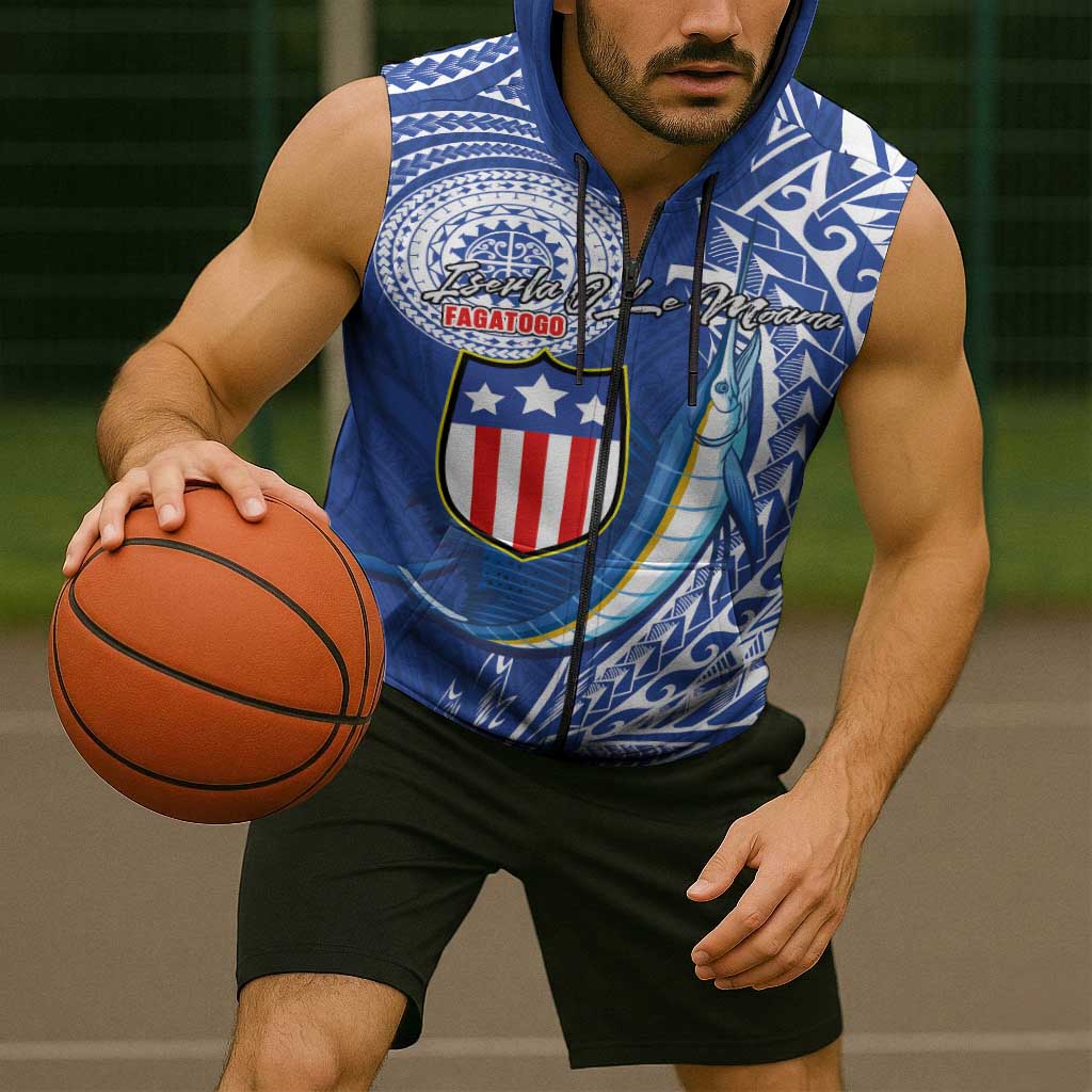 Personalised American Samoa Flag Day Sleeveless Zip Hoodie Fautasi Race Fagatogo-Iseula O Le Moana Sailfish Tribal Style LT03 - Polynesian Pride