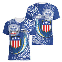 Personalised American Samoa Flag Day Women V-Neck T-Shirt Fautasi Race Fagatogo-Iseula O Le Moana Sailfish Tribal Style LT03 - Polynesian Pride