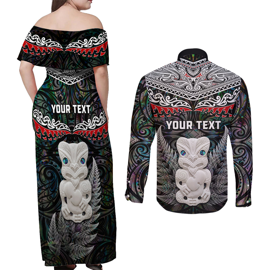 New Zealand Hei Tiki Couples Matching Off Shoulder Maxi Dress and Long Sleeve Button Shirt Maori Green Papua Shell Pattern LT03 - Polynesian Pride