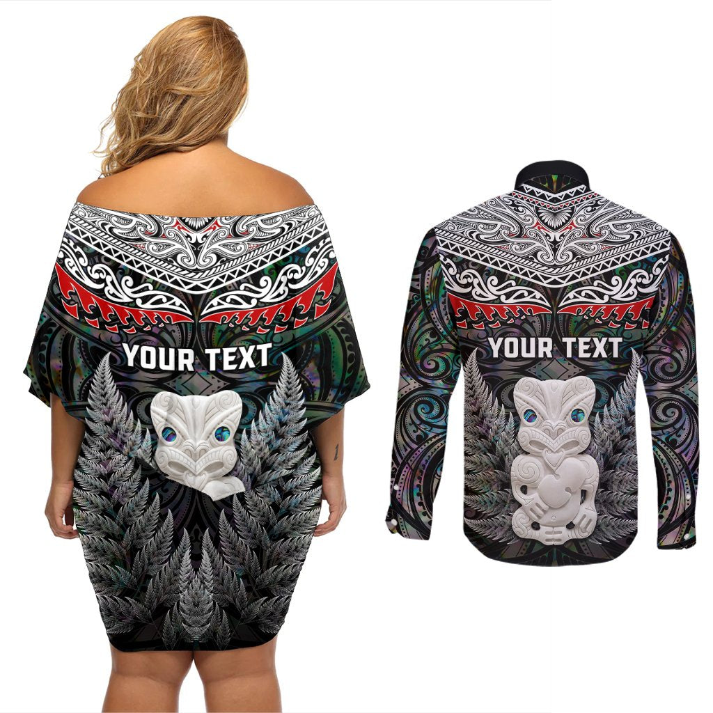 New Zealand Hei Tiki Couples Matching Off Shoulder Short Dress and Long Sleeve Button Shirt Maori Green Papua Shell Pattern LT03 - Polynesian Pride