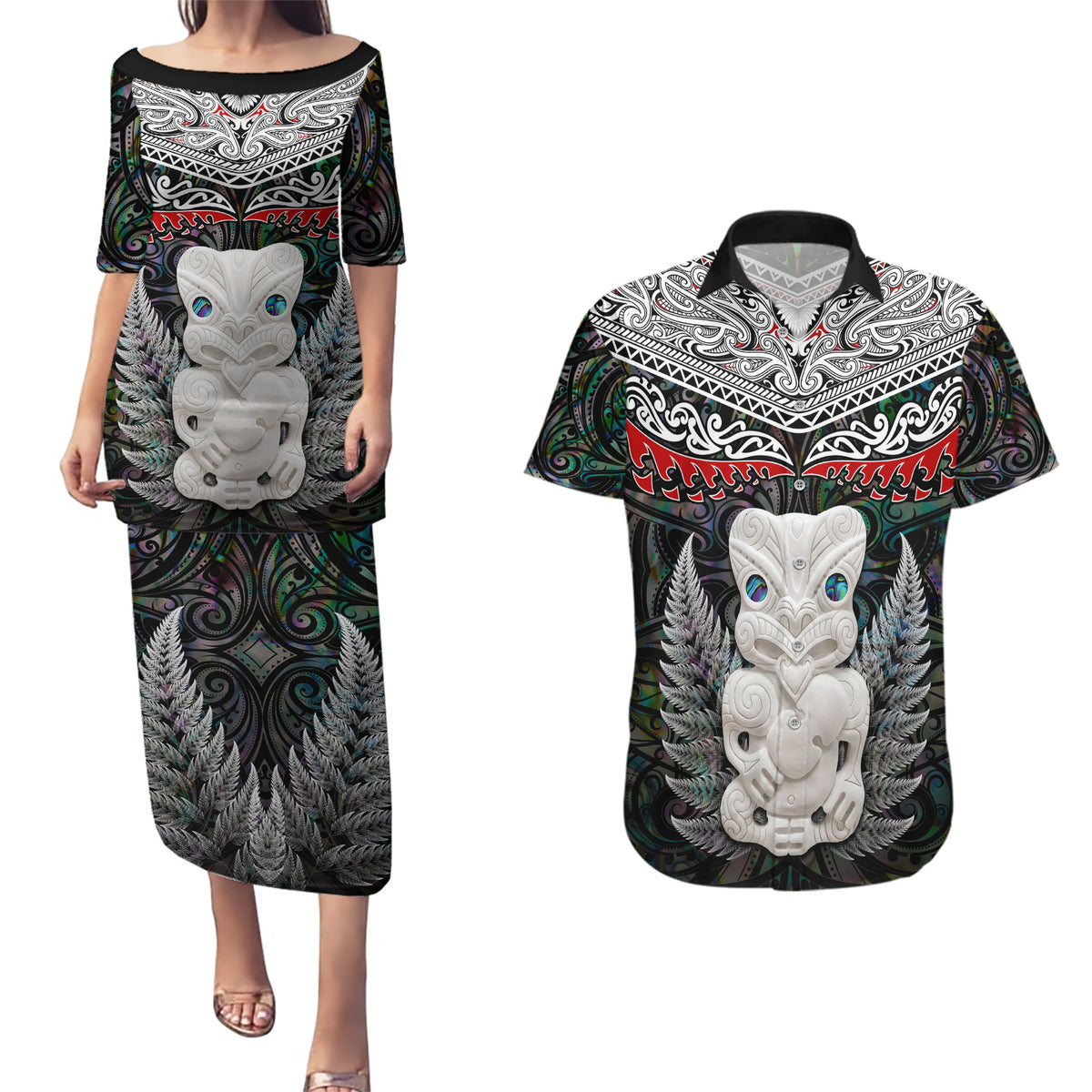 New Zealand Hei Tiki Couples Matching Puletasi and Hawaiian Shirt Maori Green Papua Shell Pattern LT03 Green - Polynesian Pride