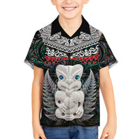 New Zealand Hei Tiki Family Matching Off Shoulder Long Sleeve Dress and Hawaiian Shirt Maori Green Papua Shell Pattern LT03 Son's Shirt Green - Polynesian Pride