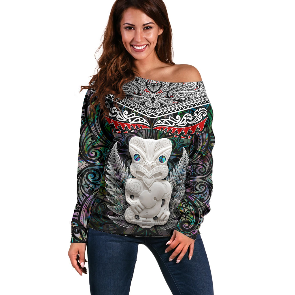 New Zealand Hei Tiki Off Shoulder Sweater Maori Green Papua Shell Pattern LT03 Women Green - Polynesian Pride