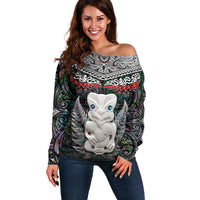 New Zealand Hei Tiki Off Shoulder Sweater Maori Green Papua Shell Pattern LT03 Women Green - Polynesian Pride