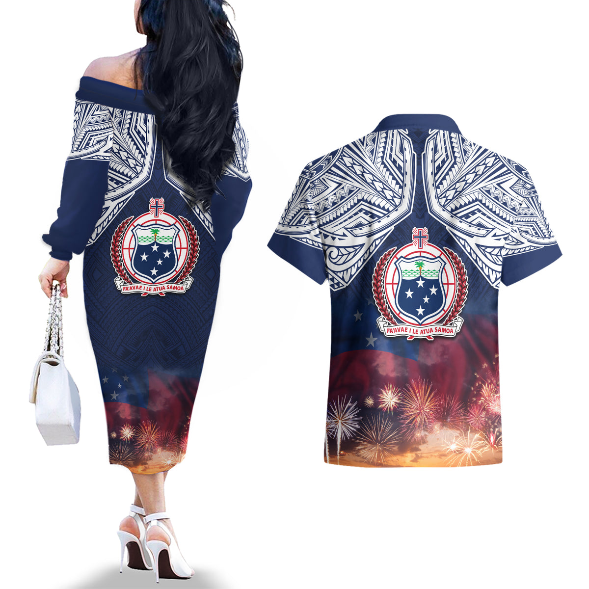Samoa Indenpendence Day Couples Matching Off The Shoulder Long Sleeve Dress and Hawaiian Shirt Sky Fireworks with Flag Style LT03 - Polynesian Pride
