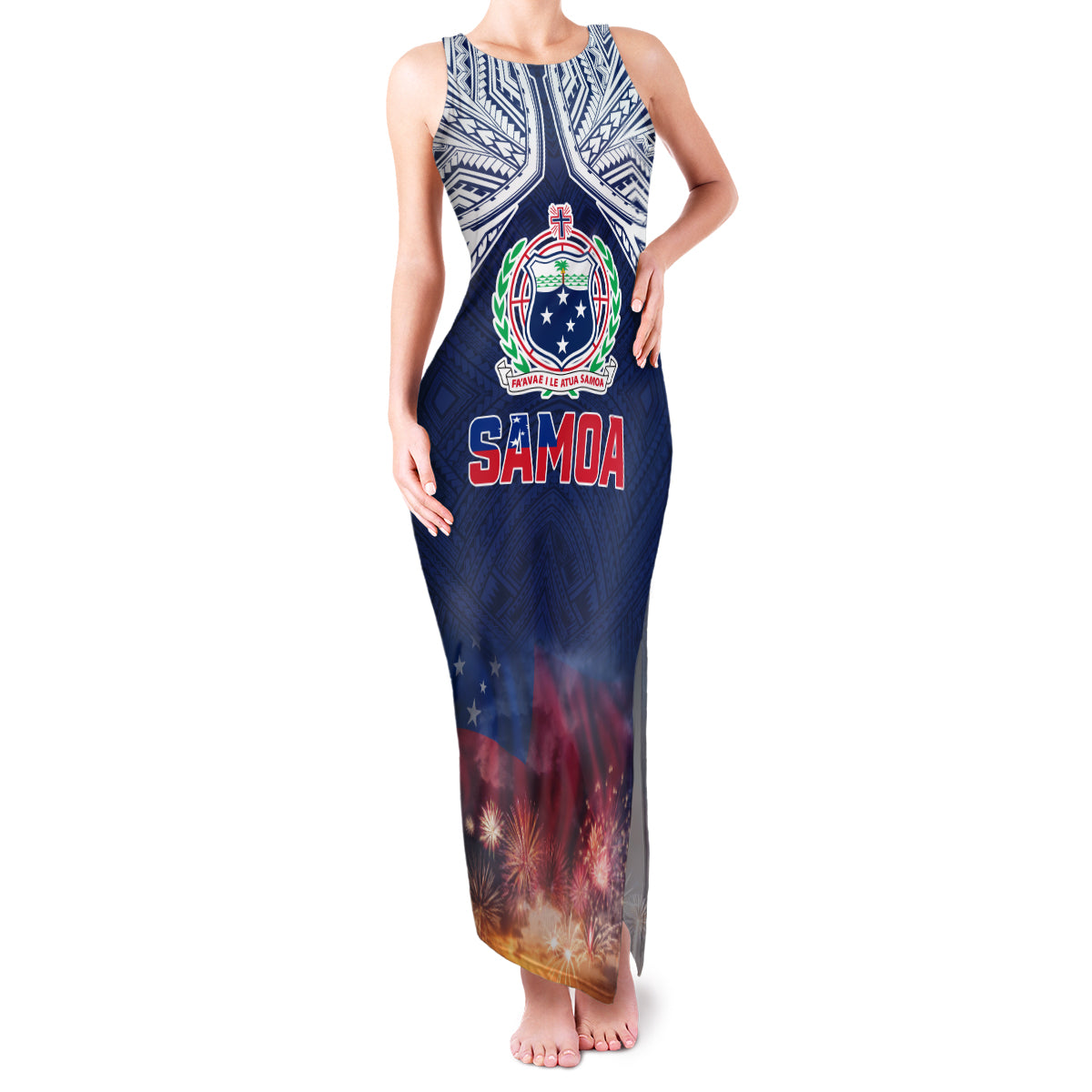 Samoa Indenpendence Day Family Matching Tank Maxi Dress and Hawaiian Shirt Sky Fireworks with Flag Style LT03 Mom's Dress Black - Polynesian Pride