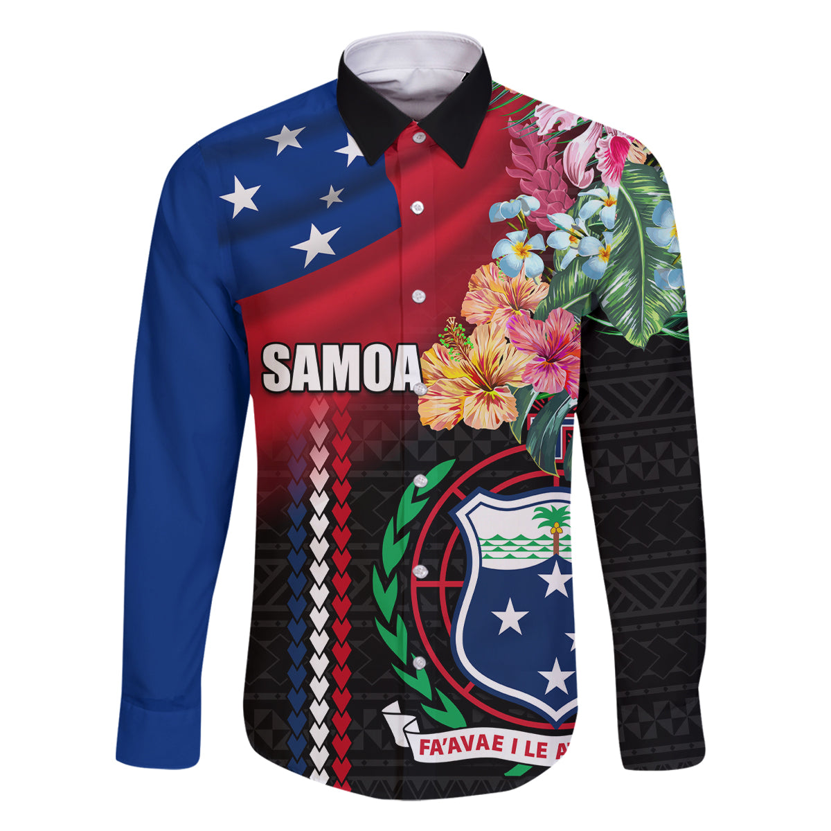 Personalised Samoa Indenpendence Day Family Matching Off Shoulder Long Sleeve Dress and Hawaiian Shirt Tropical Samoan Coat of Arms With Siapo Pattern LT03 Dad's Shirt - Long Sleeve Black - Polynesian Pride