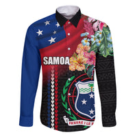 Personalised Samoa Indenpendence Day Family Matching Off Shoulder Short Dress and Hawaiian Shirt Tropical Samoan Coat of Arms With Siapo Pattern LT03 Dad's Shirt - Long Sleeve Black - Polynesian Pride