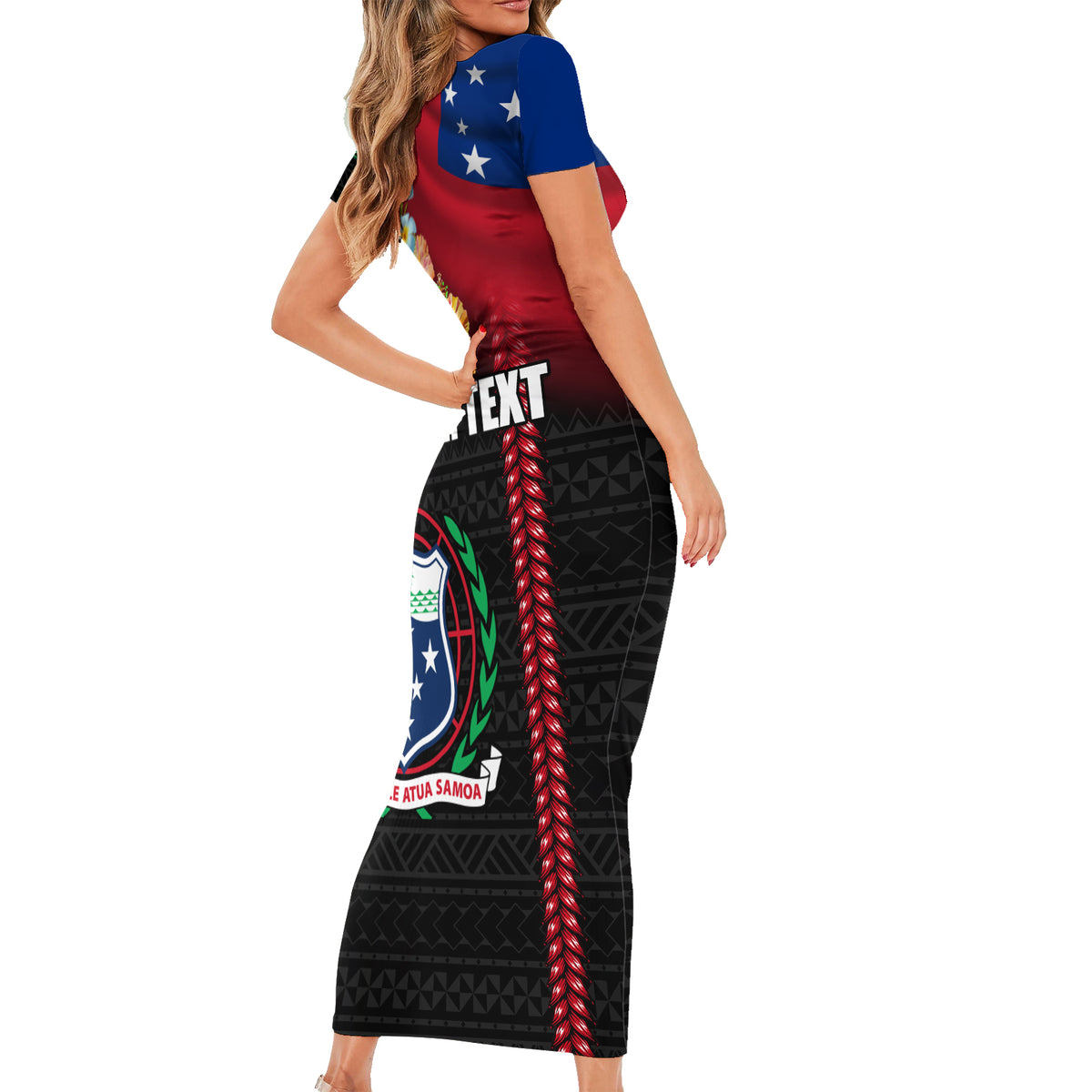 Personalised Samoa Indenpendence Day Short Sleeve Bodycon Dress Tropical Samoan Coat of Arms With Siapo Pattern LT03 - Polynesian Pride