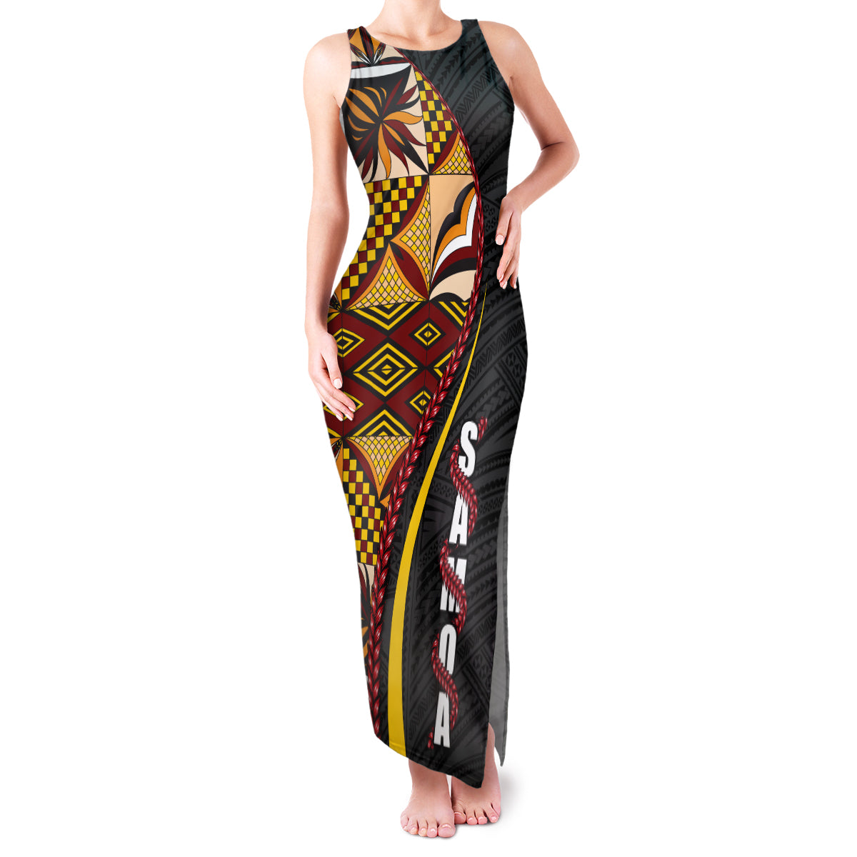Samoa Siapo Ula Fala Family Matching Tank Maxi Dress and Hawaiian Shirt Polynesian Tribal Pattern LT03 Mom's Dress Black - Polynesian Pride