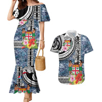 Fiji Day Couples Matching Mermaid Dress and Hawaiian Shirt Traditional Tapa with Hibiscus and Emblems