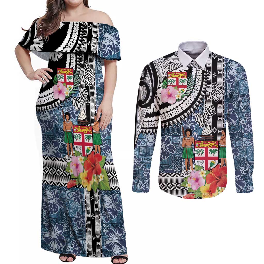 Fiji Day Couples Matching Off Shoulder Maxi Dress and Long Sleeve Button Shirt Traditional Tapa with Hibiscus and Emblems
