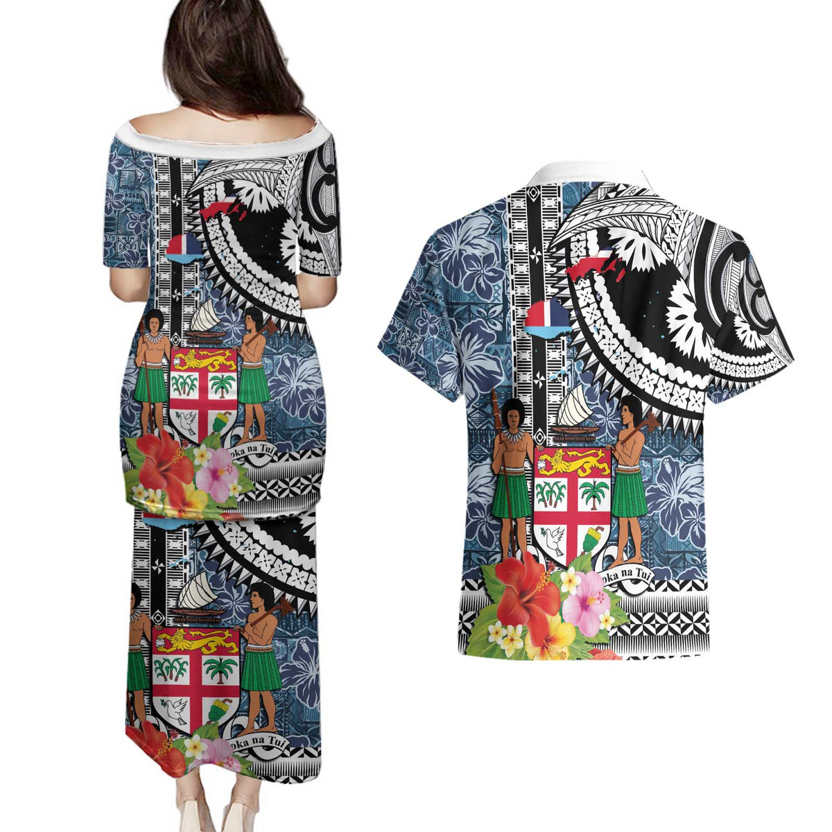 Fiji Day Couples Matching Puletasi and Hawaiian Shirt Traditional Tapa with Hibiscus and Emblems