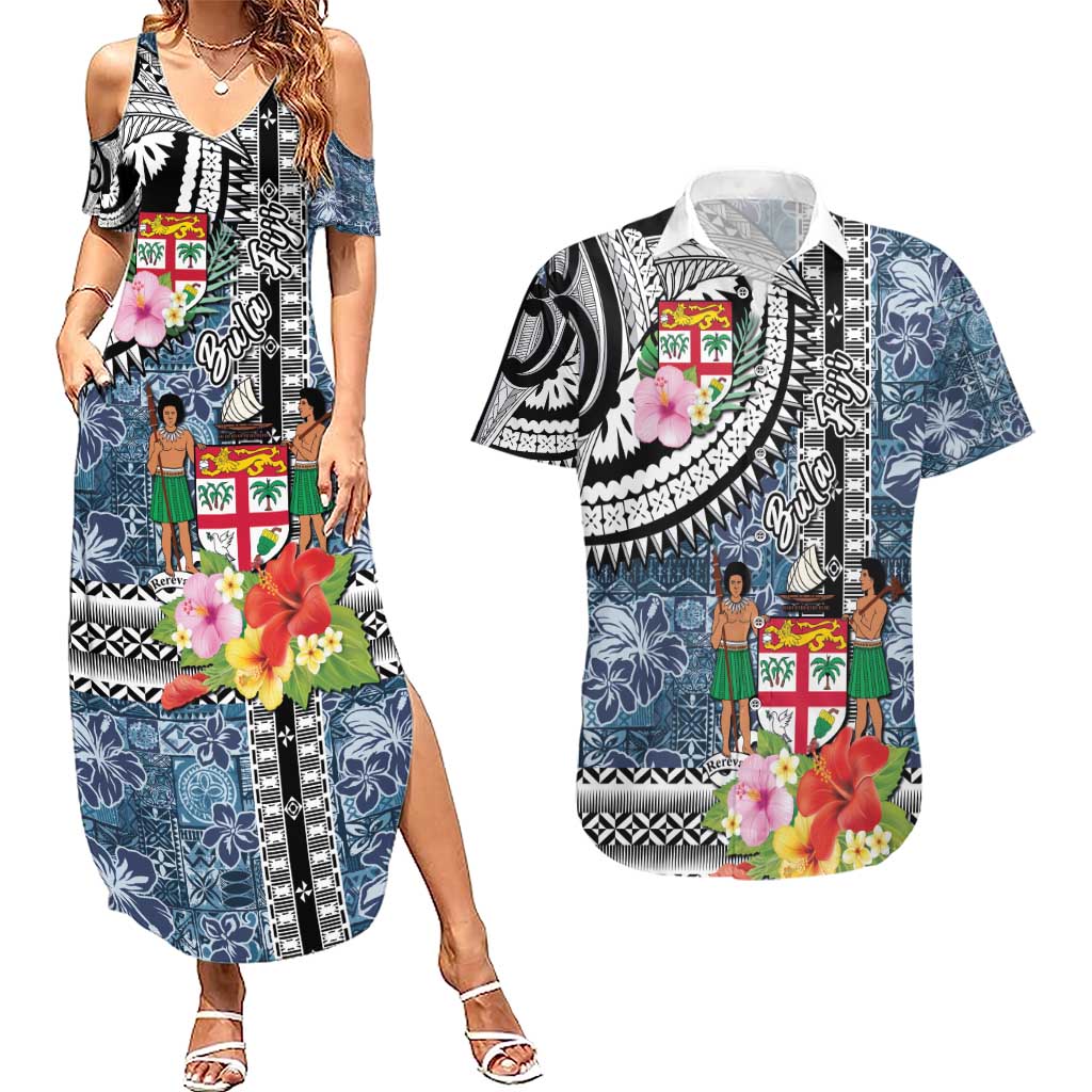 Fiji Day Couples Matching Summer Maxi Dress and Hawaiian Shirt Traditional Tapa with Hibiscus and Emblems