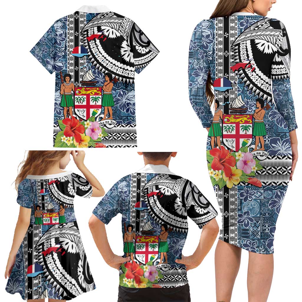 Fiji Day Family Matching Long Sleeve Bodycon Dress and Hawaiian Shirt Traditional Tapa with Hibiscus and Emblems LT03 - Polynesian Pride