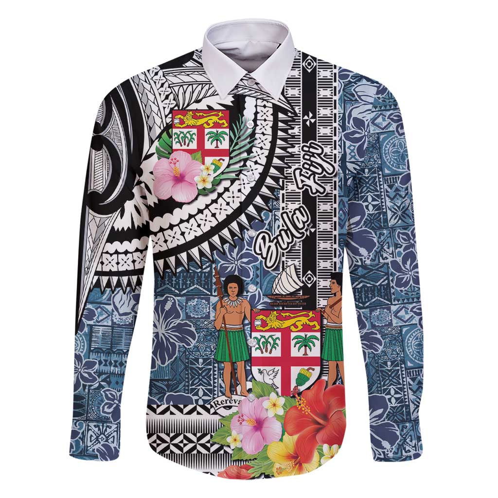 Fiji Day Family Matching Long Sleeve Bodycon Dress and Hawaiian Shirt Traditional Tapa with Hibiscus and Emblems LT03 Dad's Shirt - Long Sleeve - Polynesian Pride