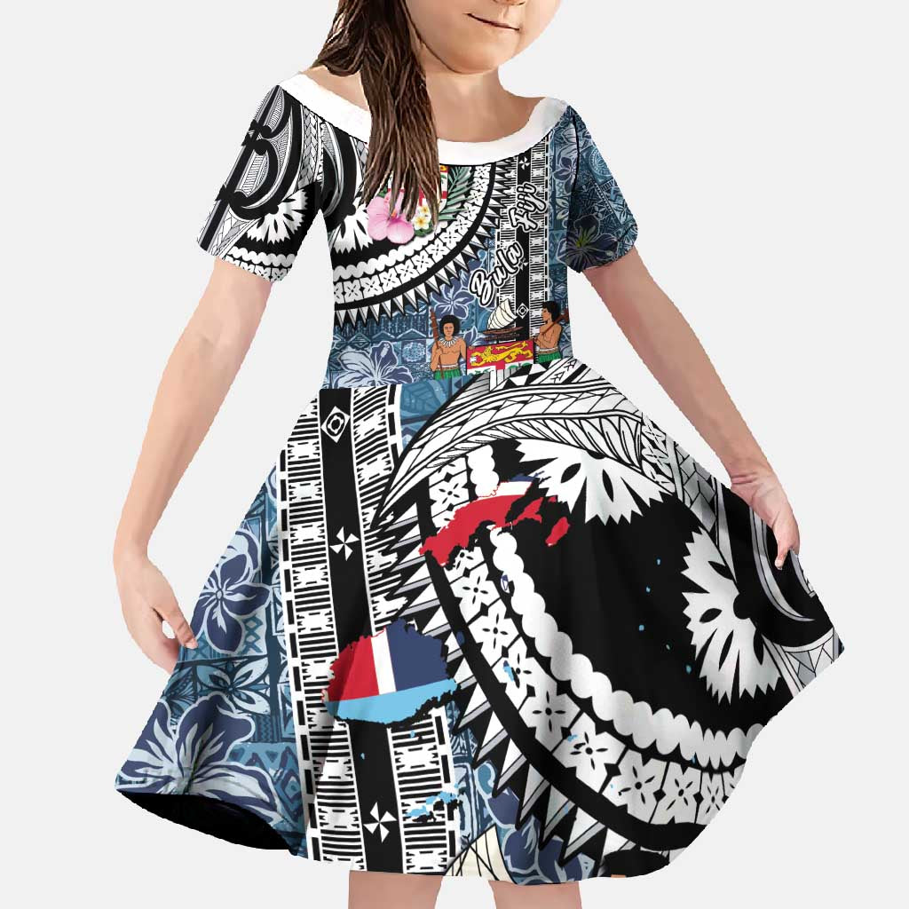 Fiji Day Family Matching Mermaid Dress and Hawaiian Shirt Traditional Tapa with Hibiscus and Emblems LT03 Daughter's Dress - Polynesian Pride