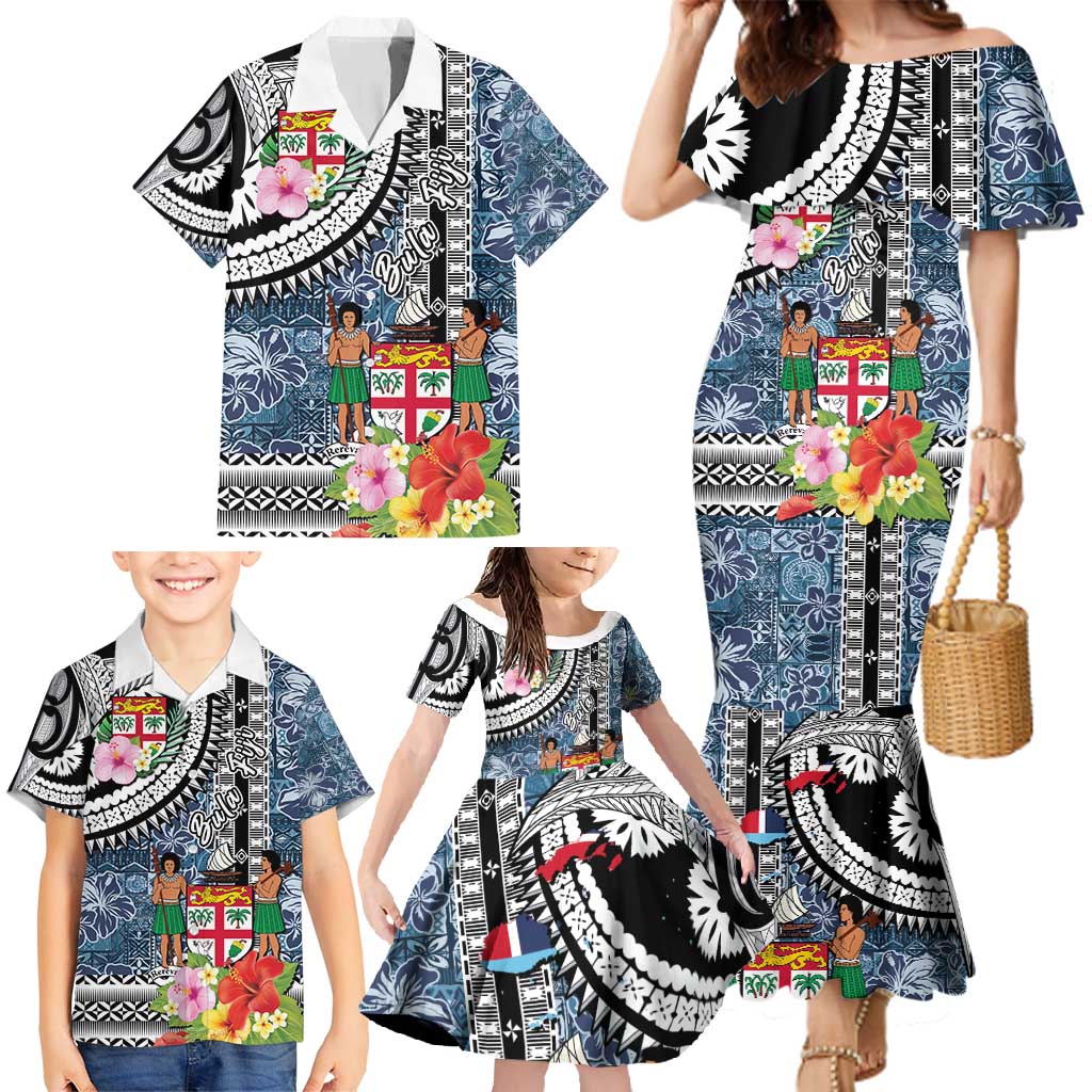 Fiji Day Family Matching Mermaid Dress and Hawaiian Shirt Traditional Tapa with Hibiscus and Emblems LT03 - Polynesian Pride