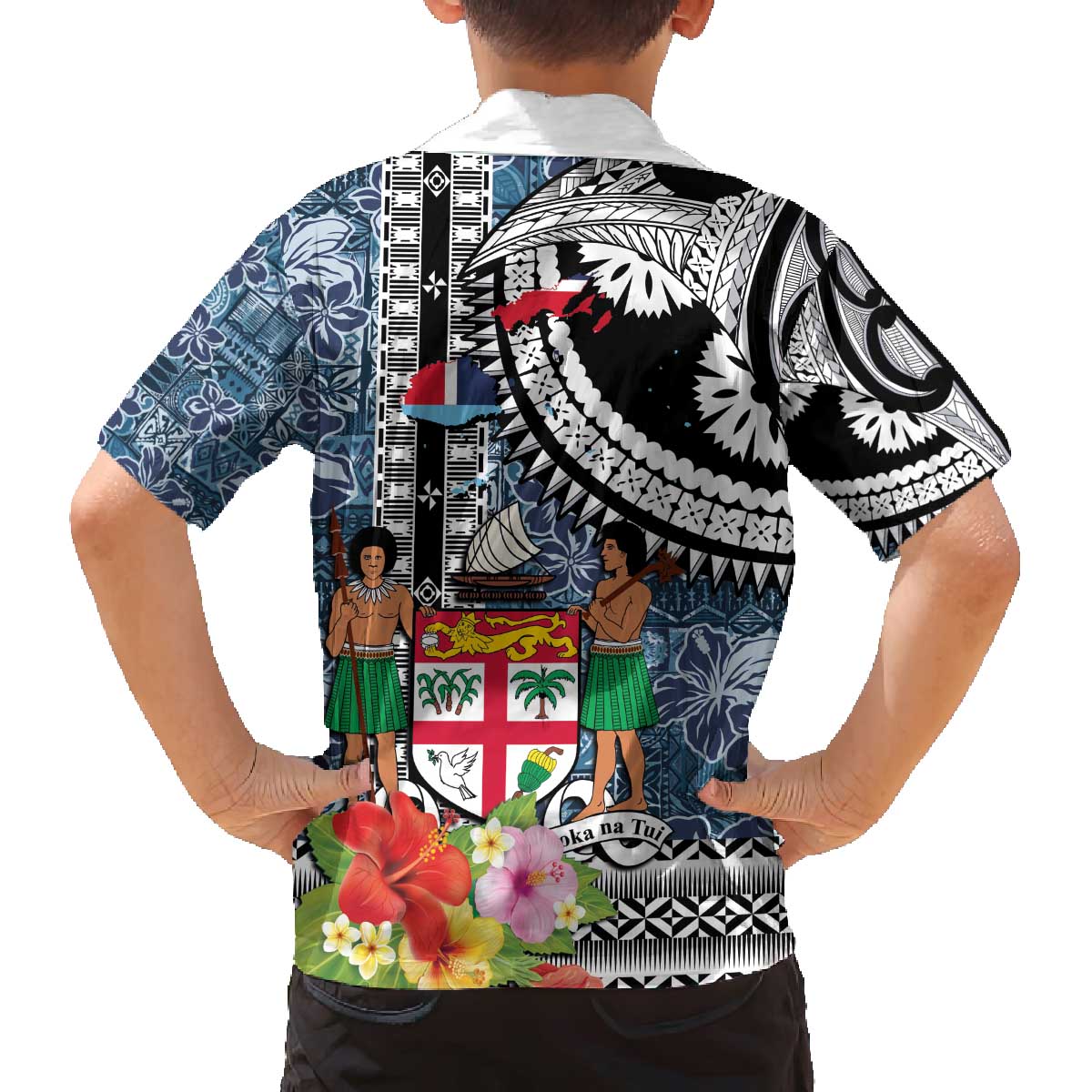 Fiji Day Family Matching Off The Shoulder Long Sleeve Dress and Hawaiian Shirt Traditional Tapa with Hibiscus and Emblems LT03 - Polynesian Pride