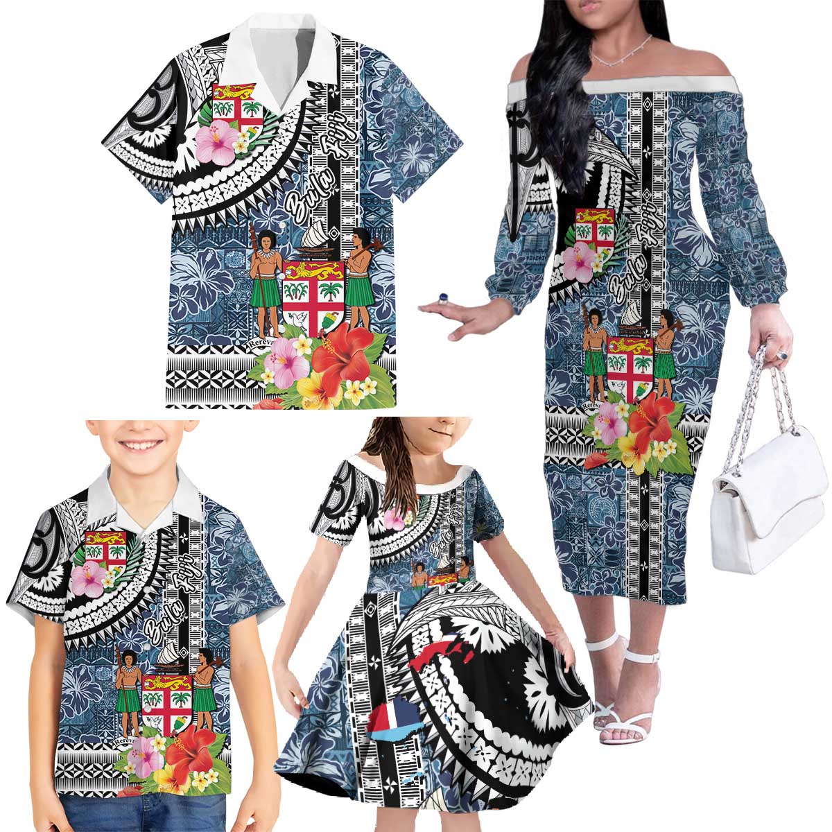 Fiji Day Family Matching Off The Shoulder Long Sleeve Dress and Hawaiian Shirt Traditional Tapa with Hibiscus and Emblems LT03 - Polynesian Pride