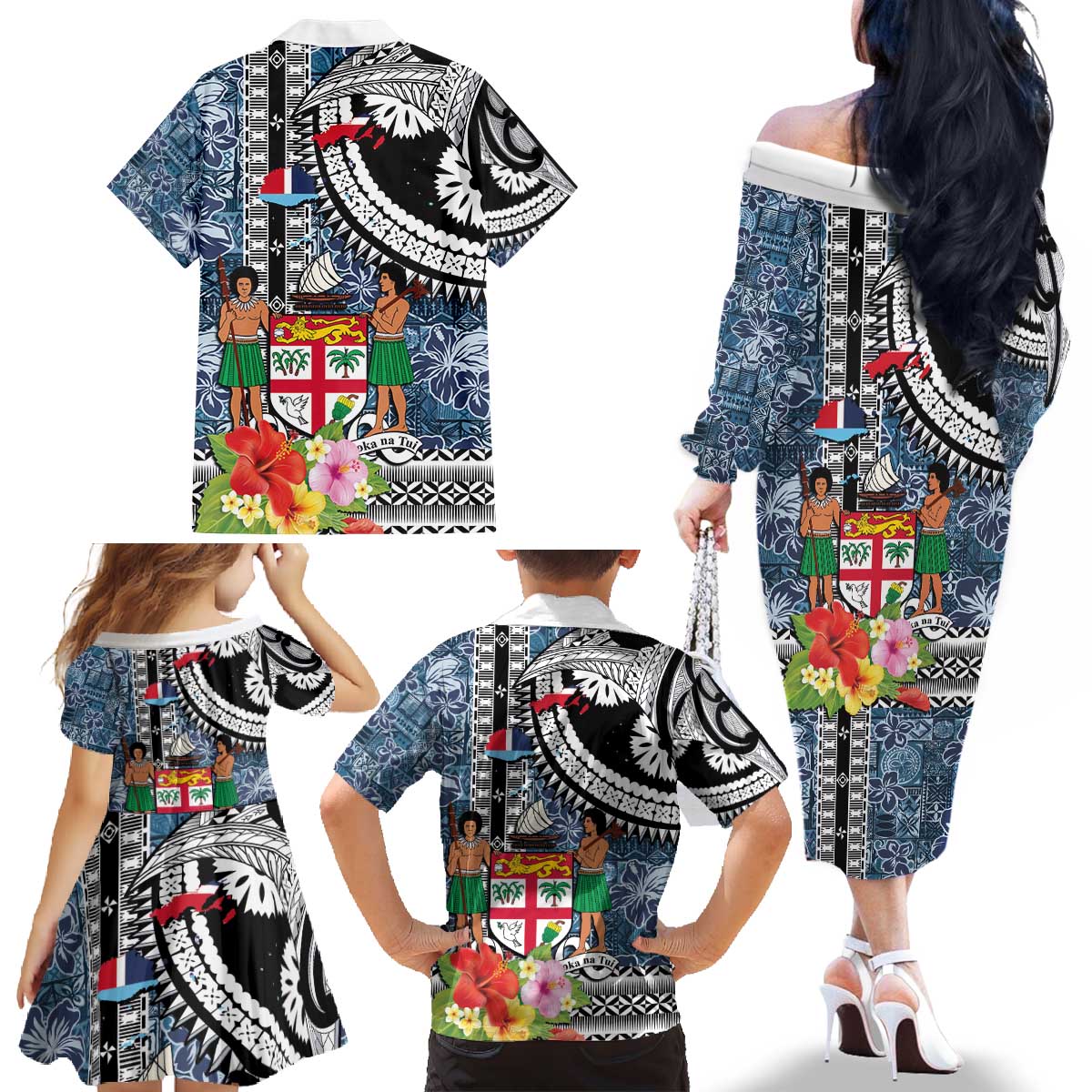 Fiji Day Family Matching Off The Shoulder Long Sleeve Dress and Hawaiian Shirt Traditional Tapa with Hibiscus and Emblems LT03 - Polynesian Pride
