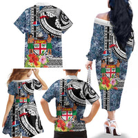 Fiji Day Family Matching Off The Shoulder Long Sleeve Dress and Hawaiian Shirt Traditional Tapa with Hibiscus and Emblems LT03 - Polynesian Pride