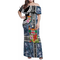 Fiji Day Family Matching Off Shoulder Maxi Dress and Hawaiian Shirt Traditional Tapa with Hibiscus and Emblems